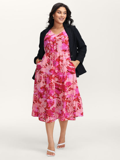 Floral Print Flowy Skirt Drawstring Maxi Dress