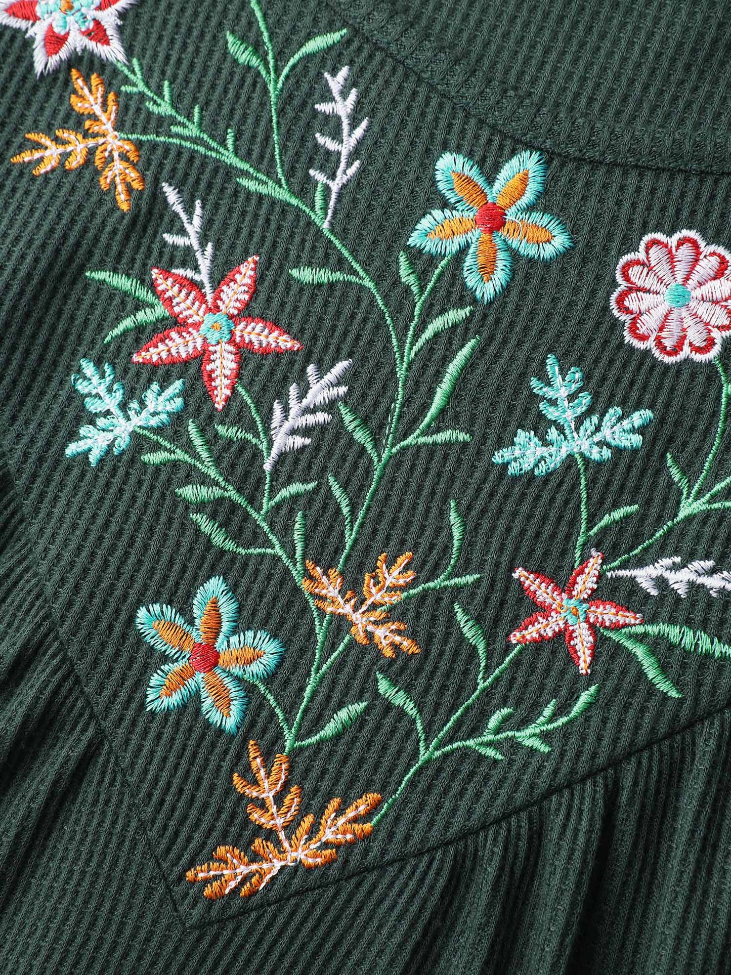 Embroidered Waffle Ruffled Hem Knit Top