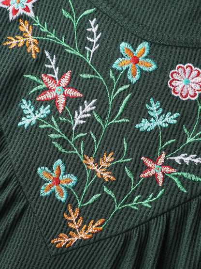 Embroidered Waffle Ruffled Hem Knit Top