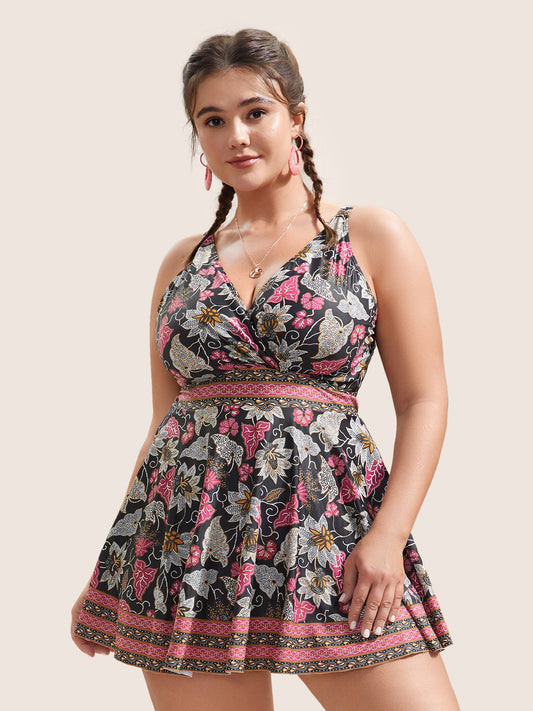 Bandana Print Overlap Collar Swim Dress
