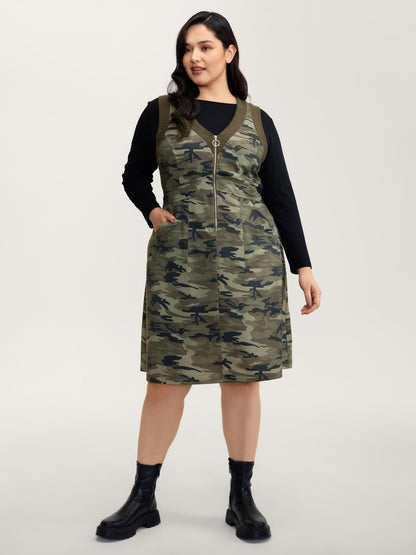 Camouflage Print Zipper Front Pockets Midi Dress