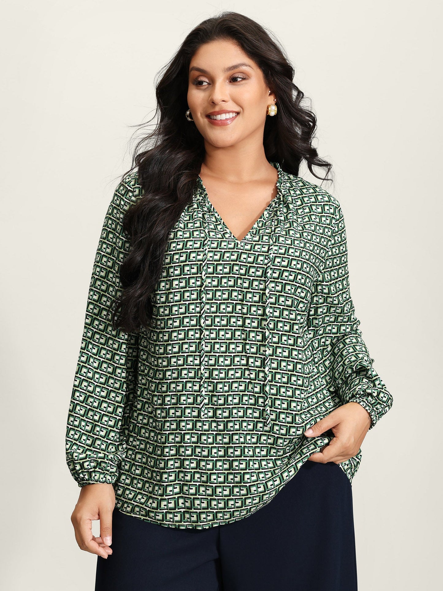 Geometric Print Neck-Tie Relaxed-Fit Blouse