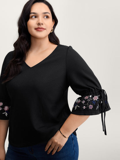 Floral Sleeve Embroidery Drawstring Knit Top
