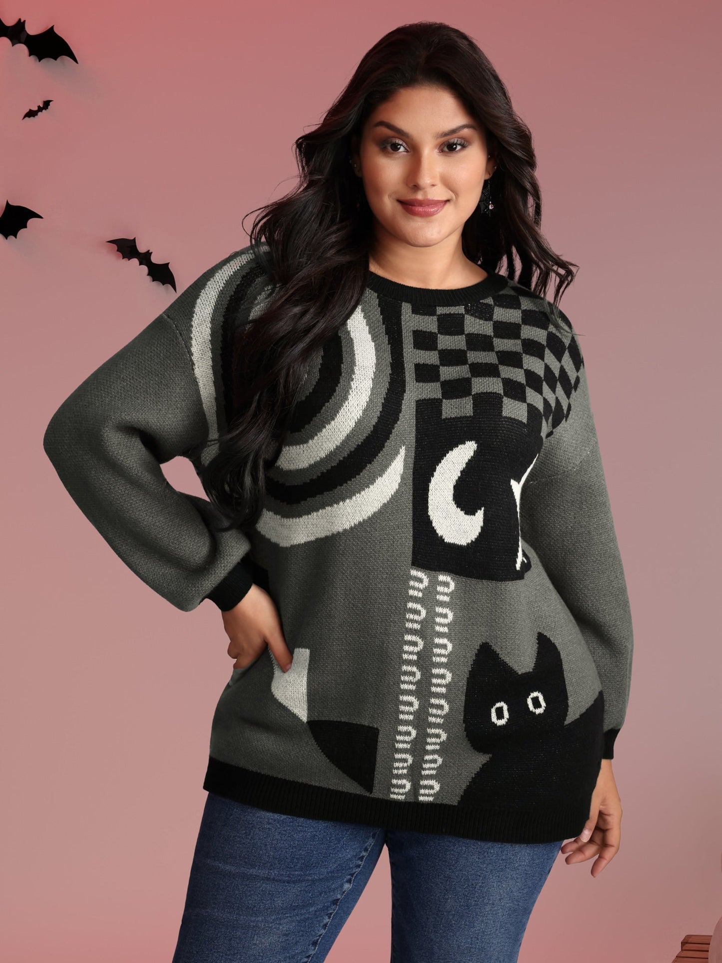 Halloween Cat Print Contrast Pullover