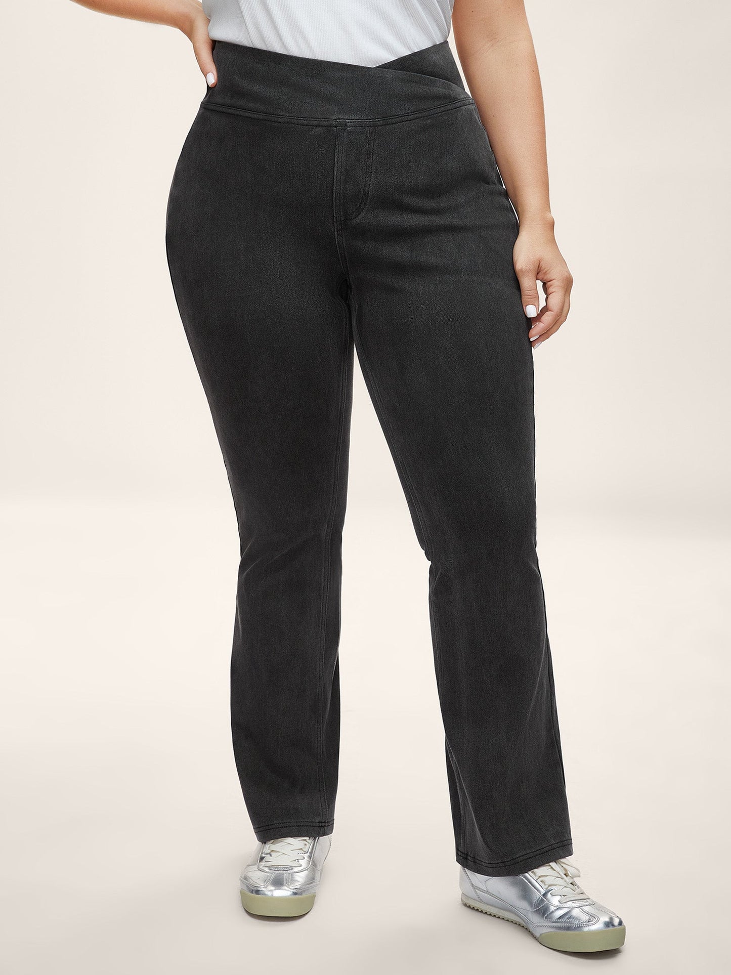 Overlap Waist Stretchy Knit Bootcut Jeans