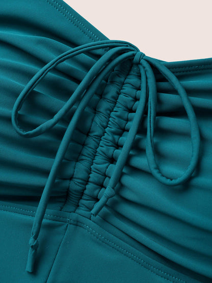 Heart Neckline Drawstring Patchwork Pleated Swim Dress