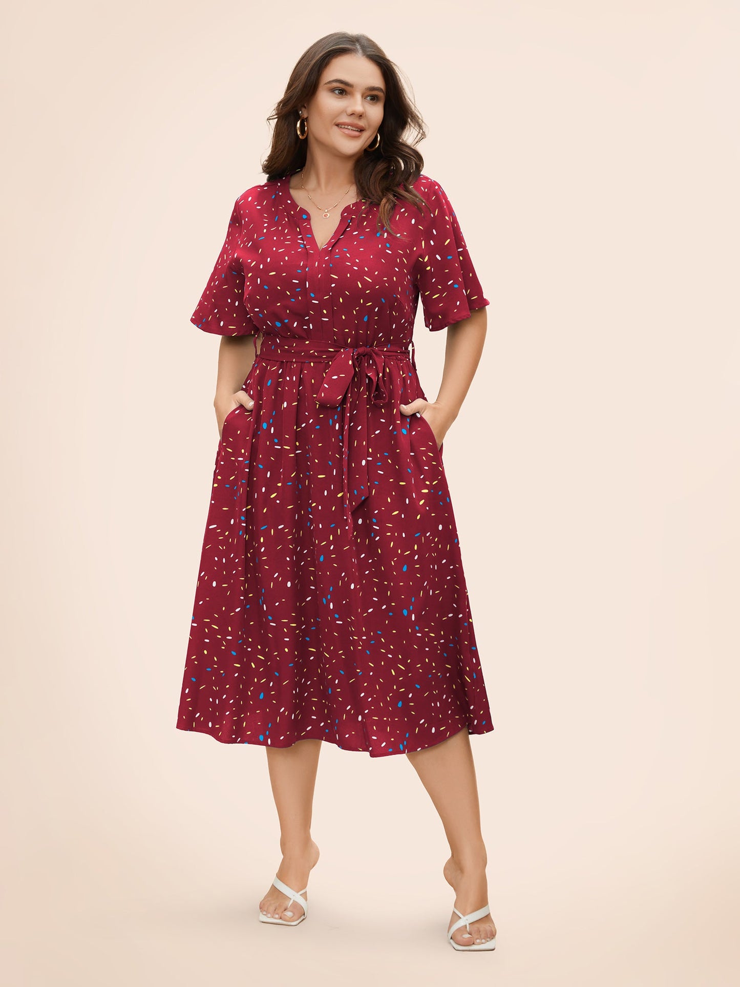 Split Neck Confetti Print Midi Dress