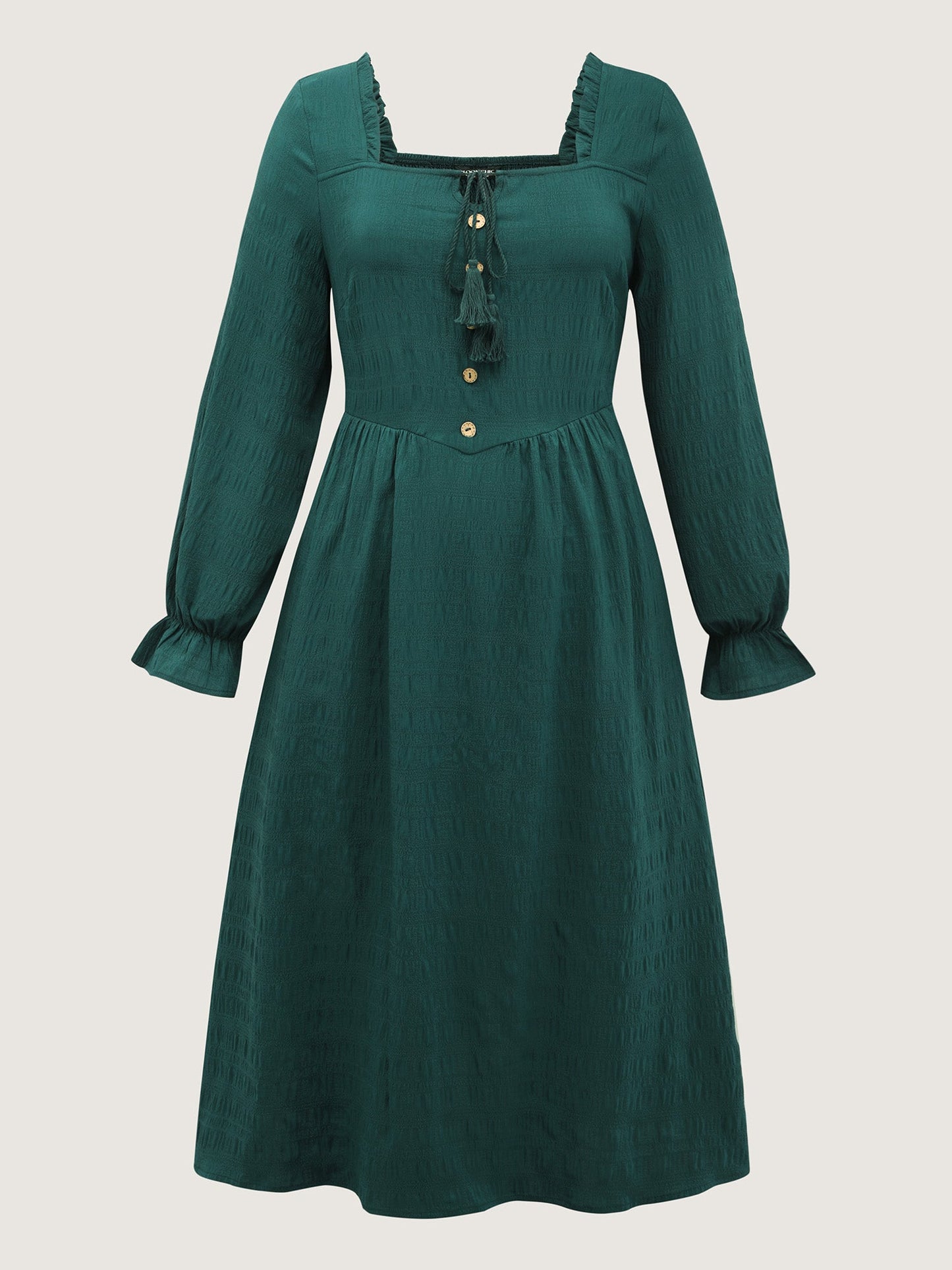 Textured Ruffled Neck Shirred Drawstring Midi Dress