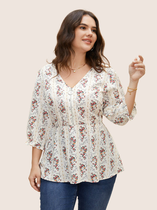 Boho Print O Ring Zipper Lantern Sleeve Blouse