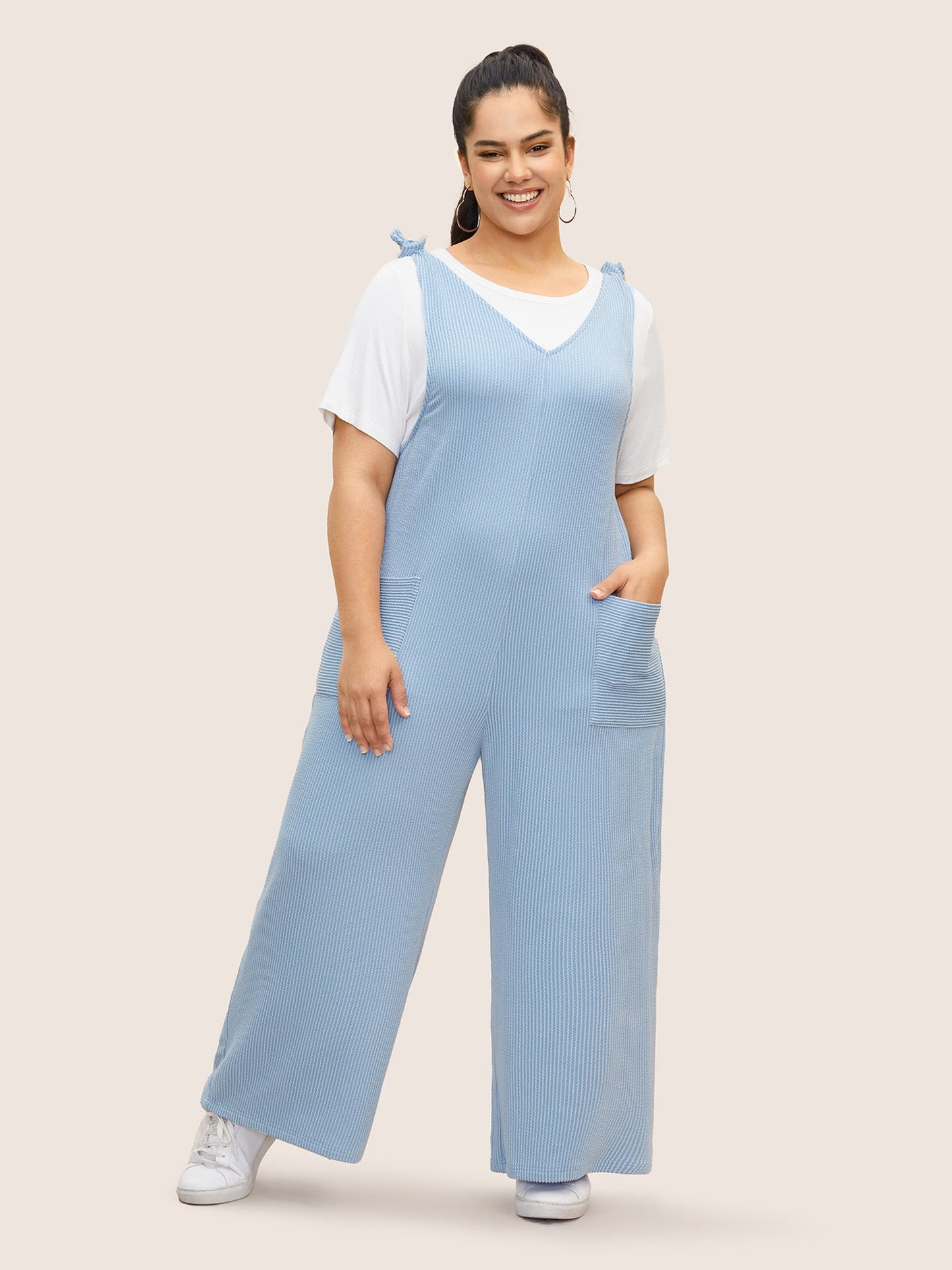 Texture Tie Knot Patch Pocket Jumpsuit