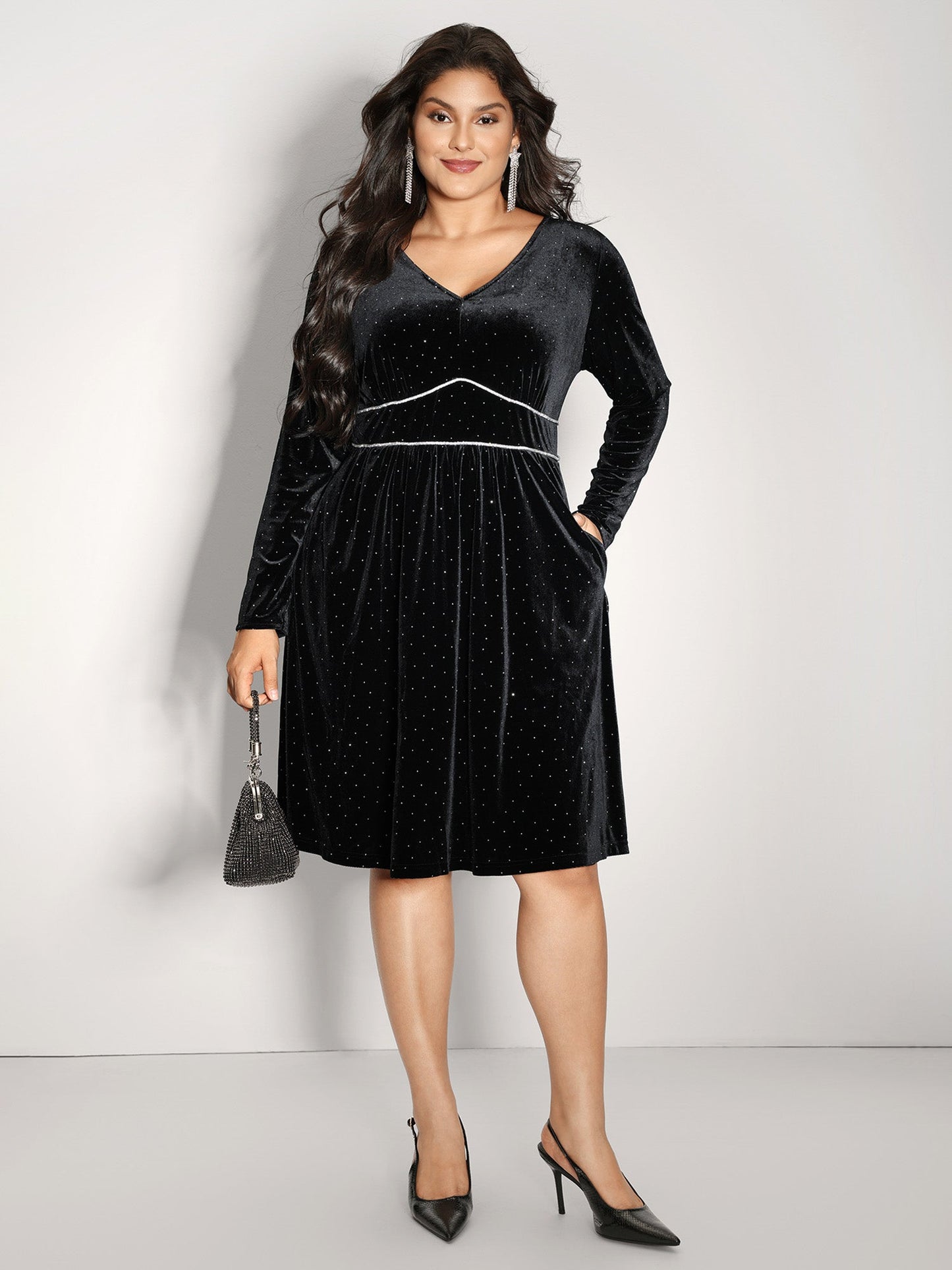Velvet Rhinestone Cinched-Waist Pockets Midi Dress