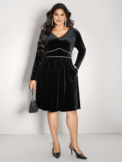 Velvet Rhinestone Cinched-Waist Pockets Midi Dress