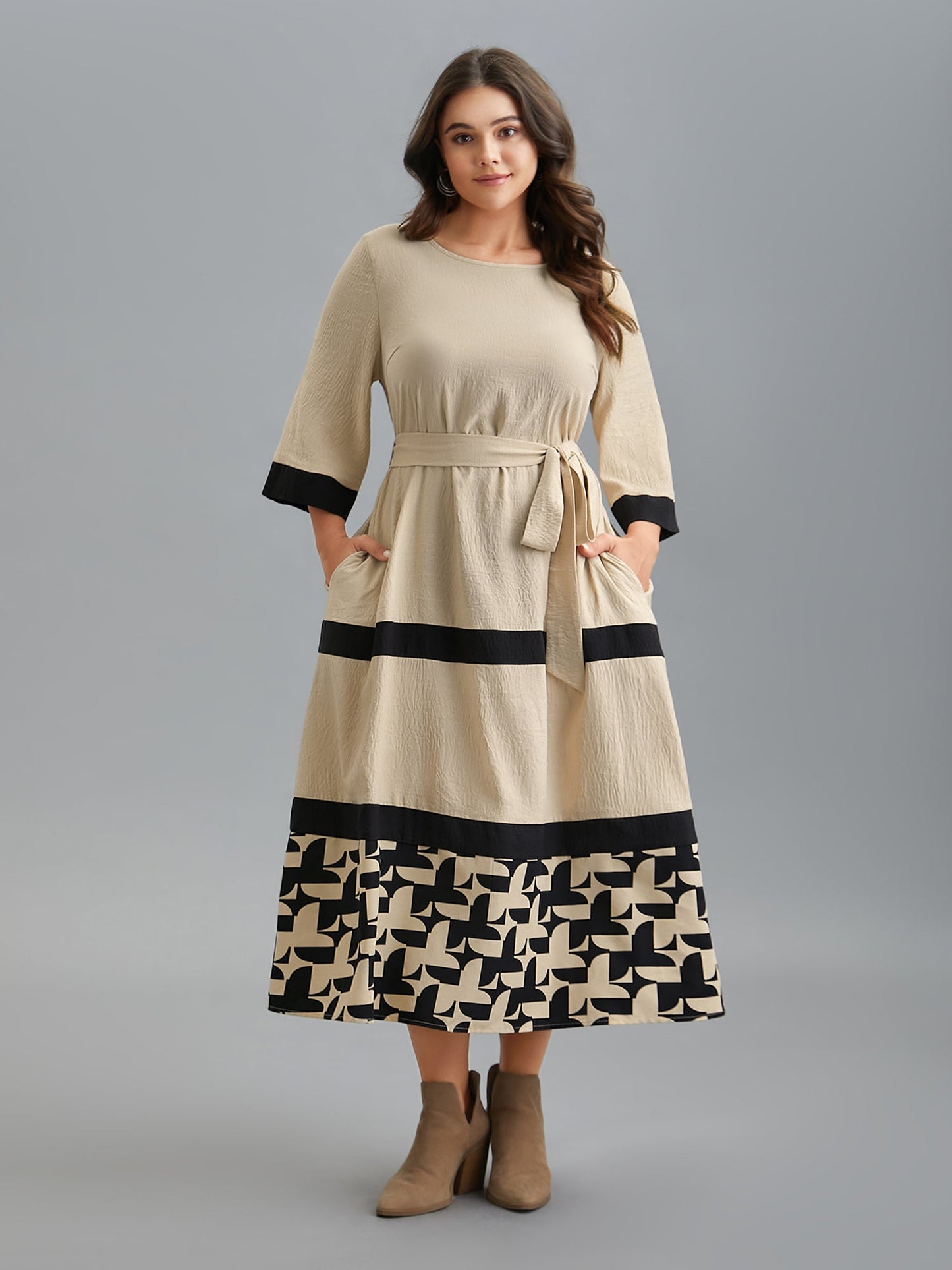 Color-Block Belted Pockets Midi Dress