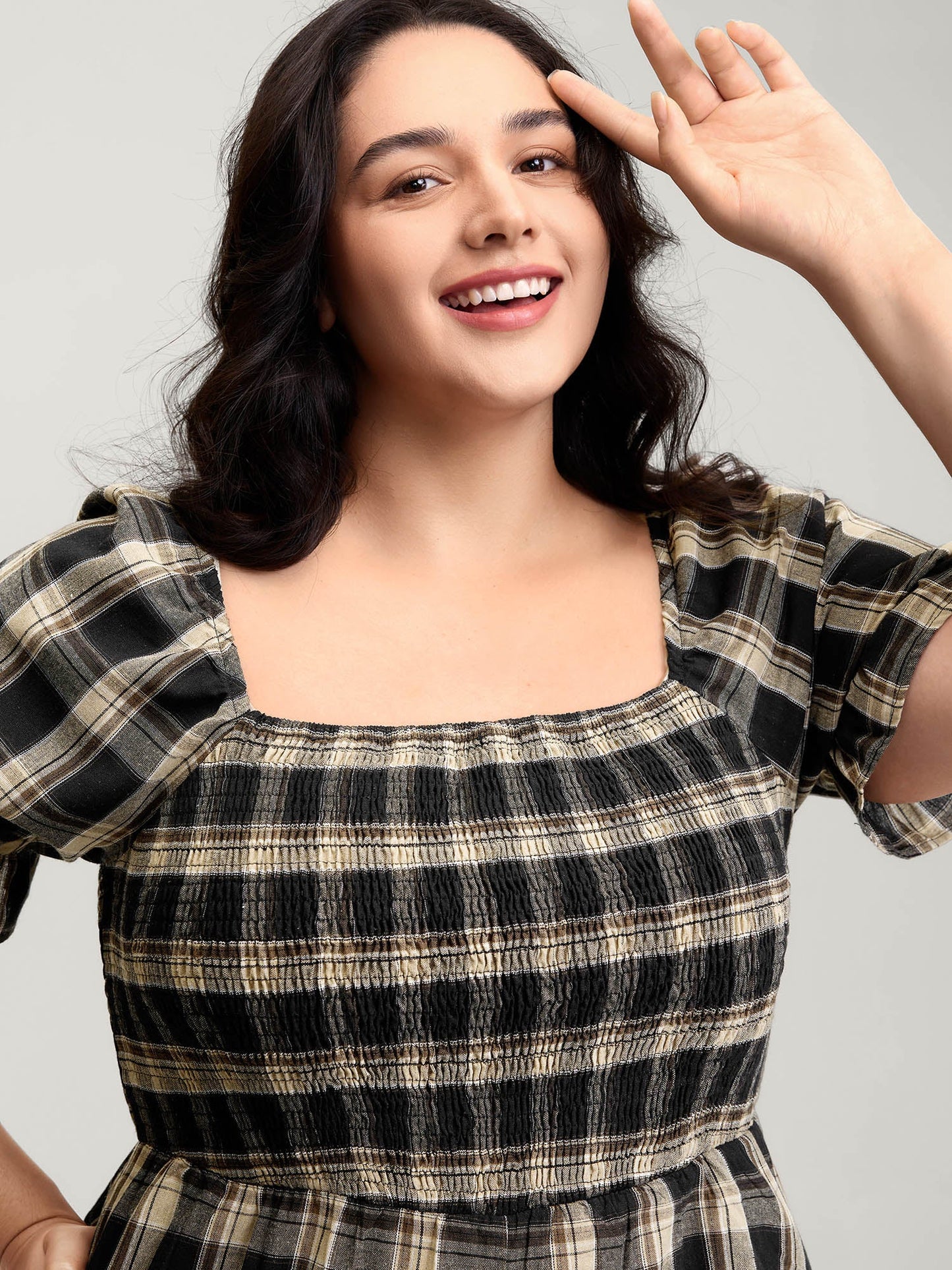 Classic Plaid Print Shirred Bodice Jumpsuit