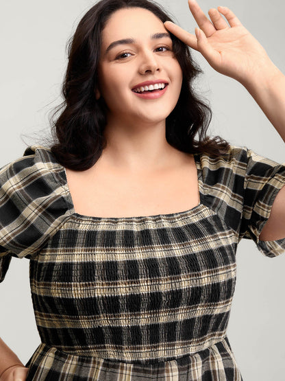 Classic Plaid Print Shirred Bodice Jumpsuit