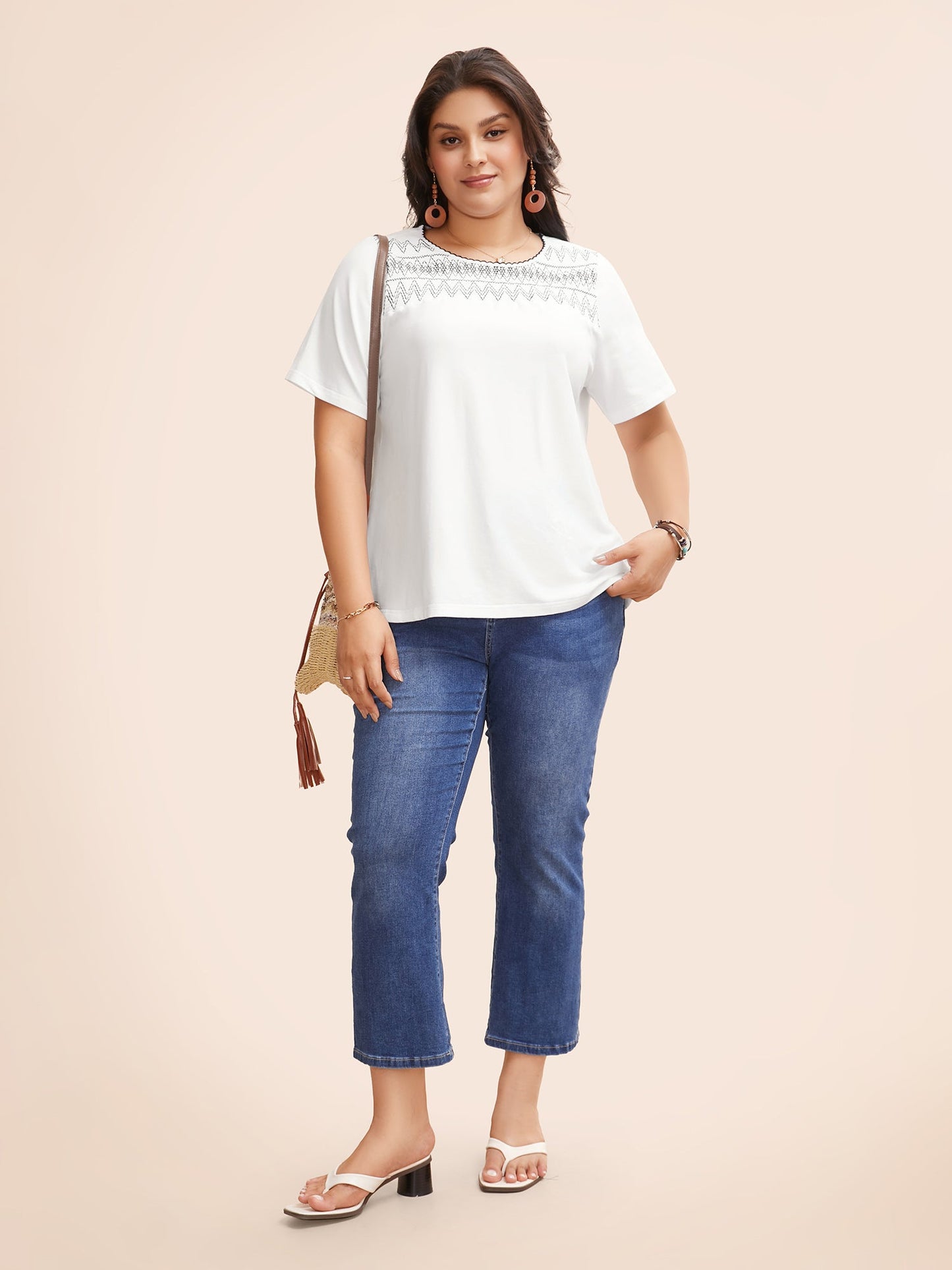 Round Neck Embroidered Shirred T-shirt