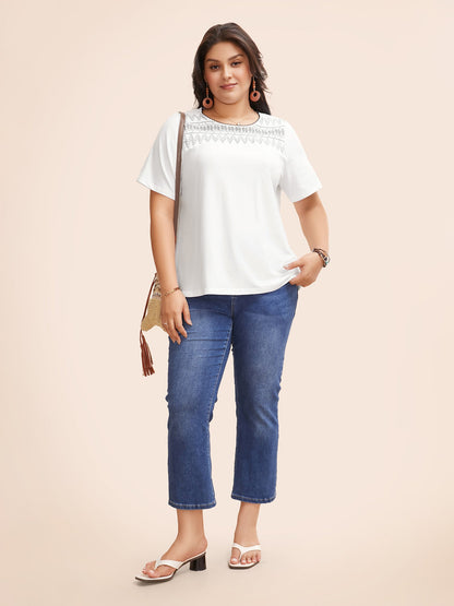 Round Neck Embroidered Shirred T-shirt