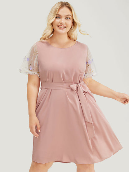 Floral Mesh Sleeve Flutter Pocket Belt Knee Dress