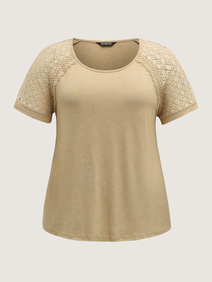 Sheer Lace Sleeve Spliced Solid T-Shirt