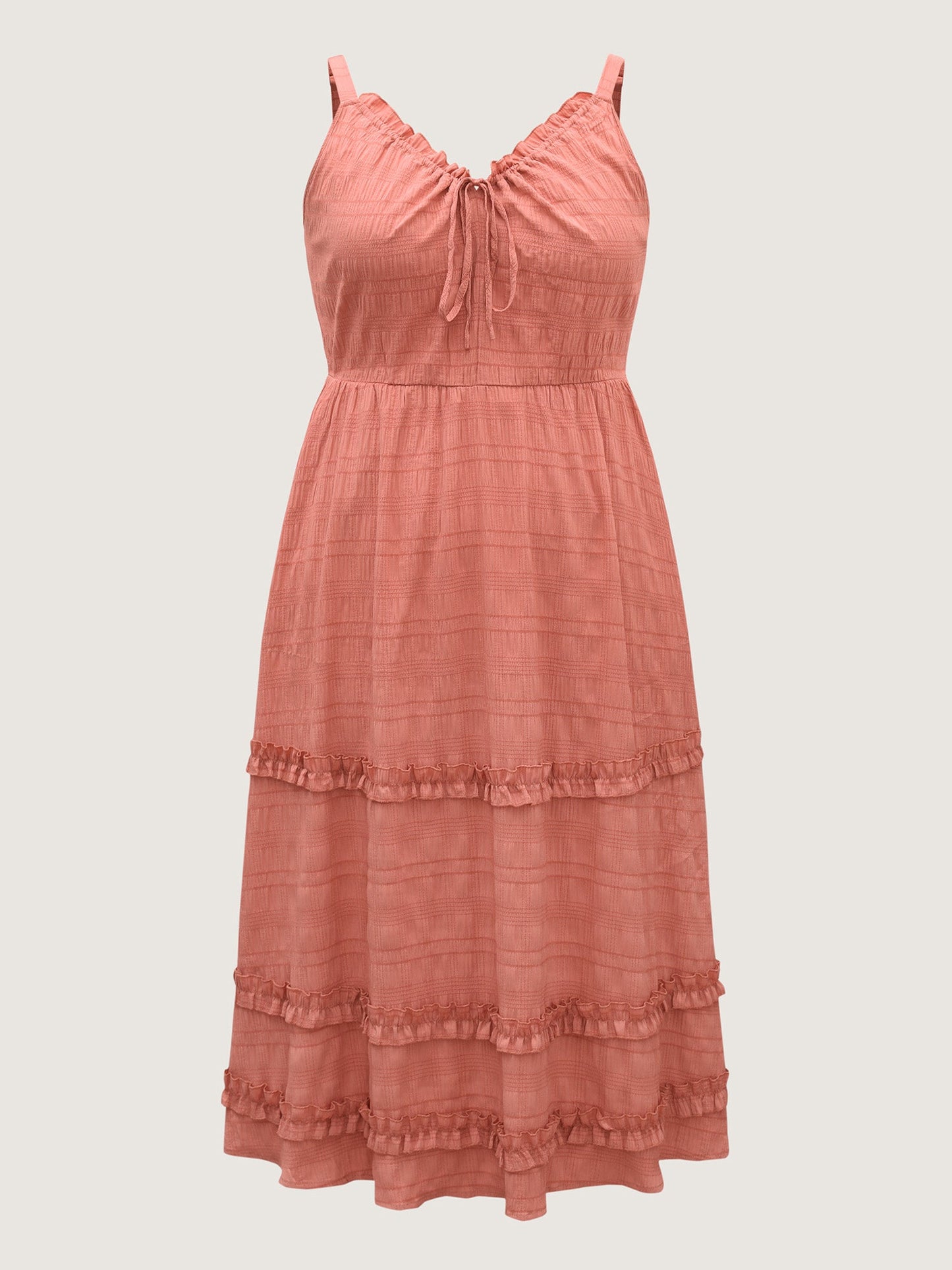 Textured Neck-Tie Layered Pockets Midi Dress
