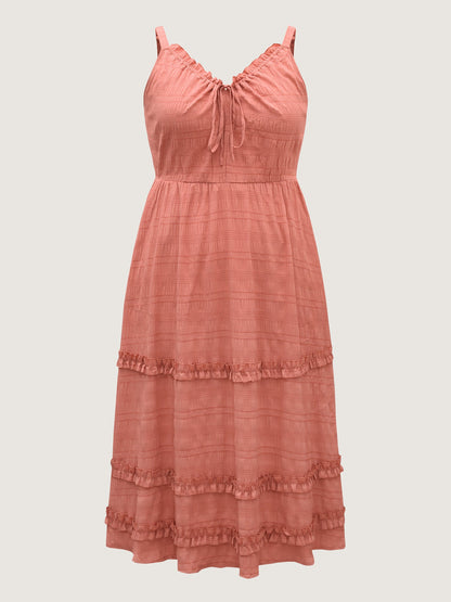 Textured Neck-Tie Layered Pockets Midi Dress