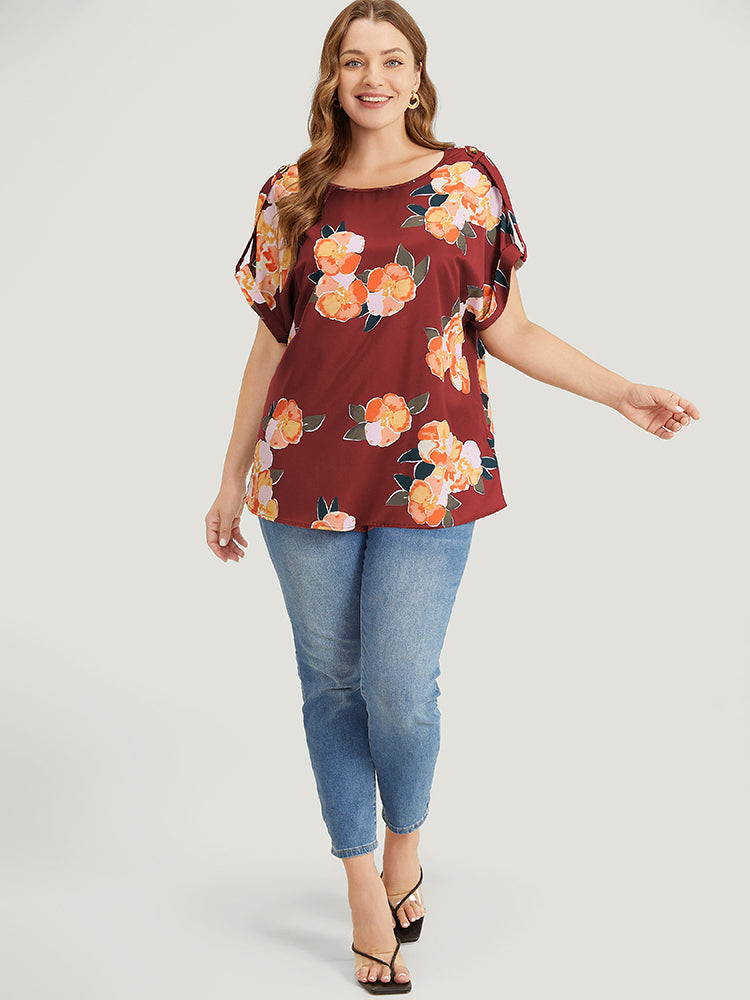 Floral Printed Roll Tab Sleeve Blouse