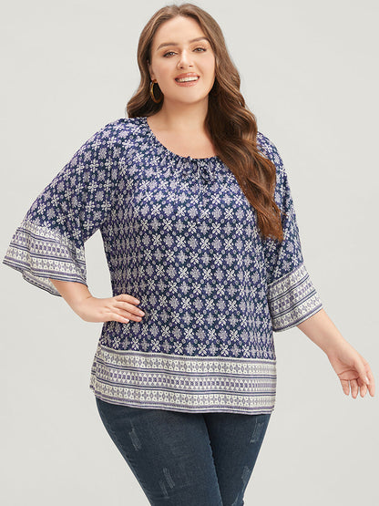 Floral Print Bell Sleeve Knotted Round Neck Blouse