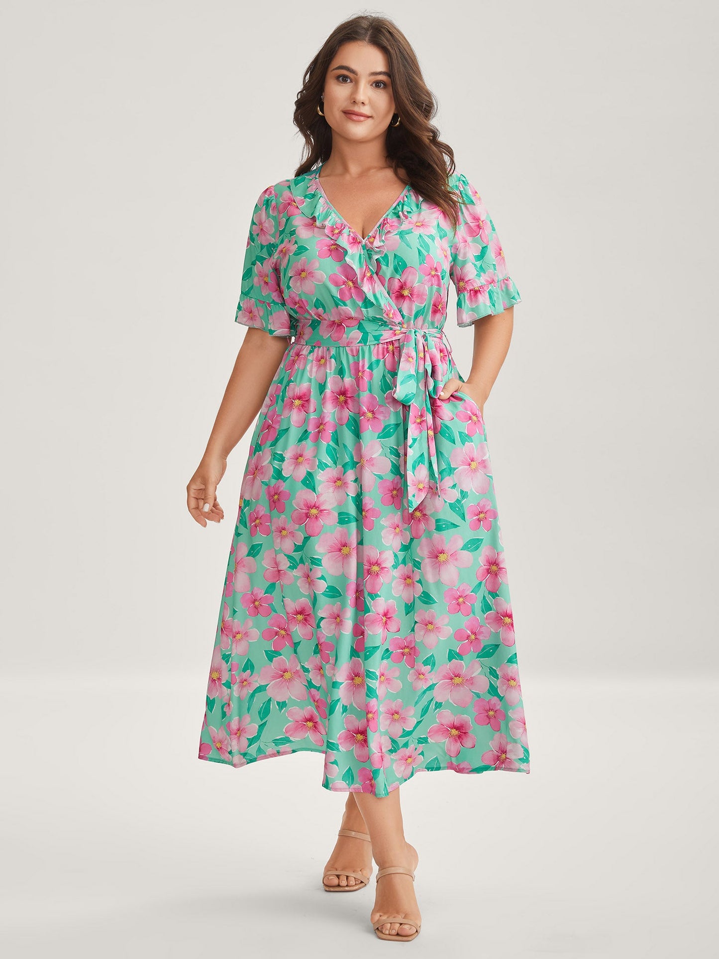 Rayon Floral Print Pockets Midi Dress