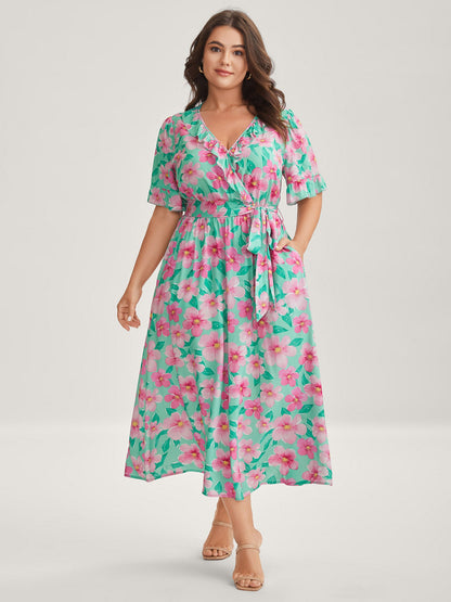 Rayon Floral Print Pockets Midi Dress