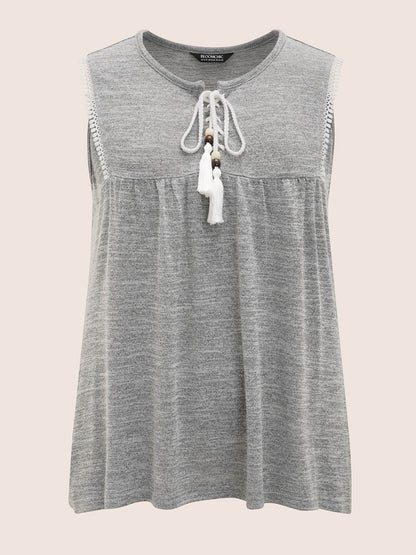 Textured Lace Up Tassel Pompom Trim Tank Top