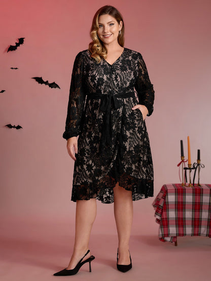Floral Lace Lined Wrap Belted Midi Dress