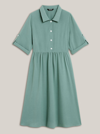 Shirt Collar Front Button Placket Midi Dress