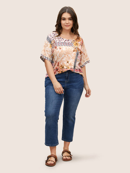 Round Neck Boho Print Patchwork T-shirt