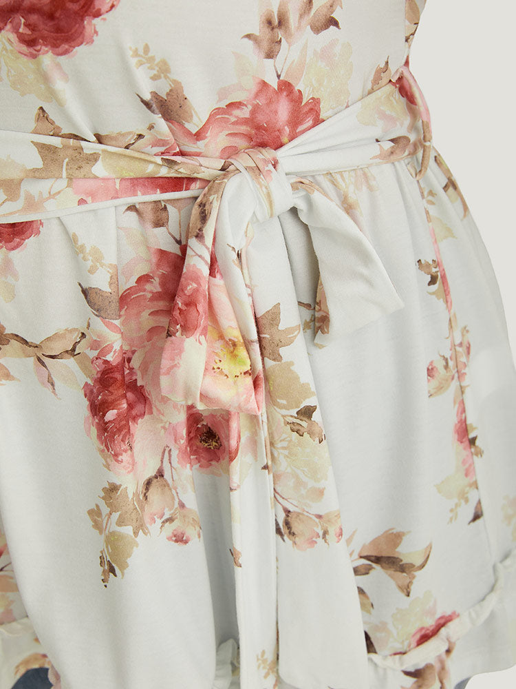 Floral Print Belted Frill Trim T-shirt