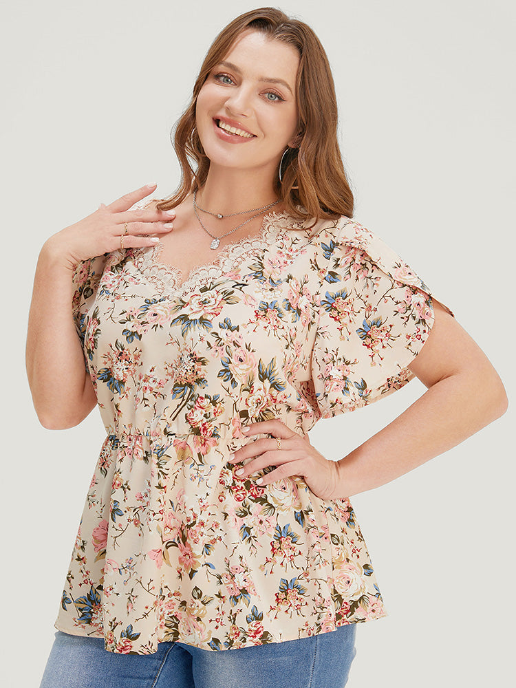 Floral Print Lace Trim Ruffle Hem Petal Sleeve Blouse