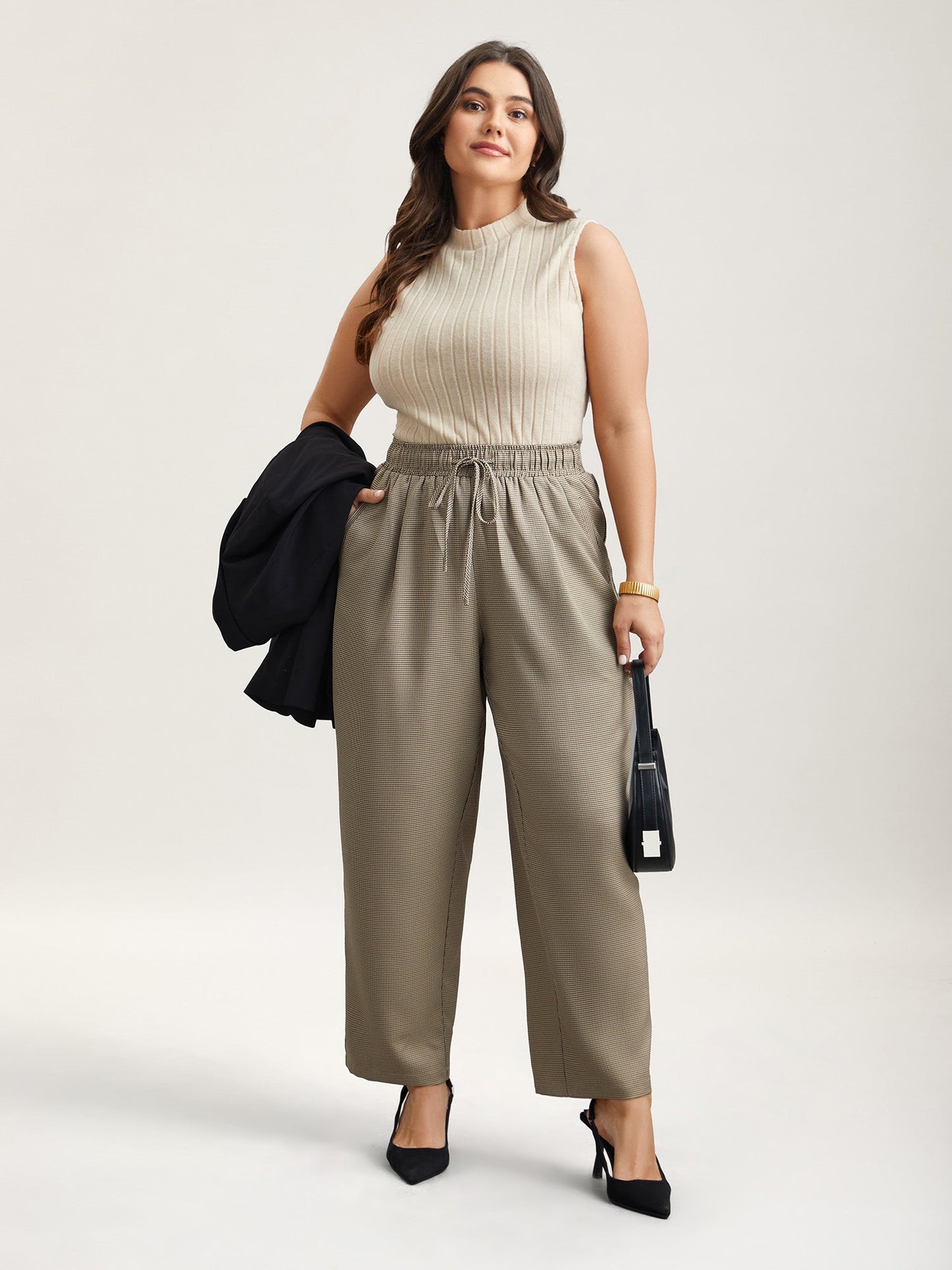 Houndstooth Print Drawstring Waist Pants
