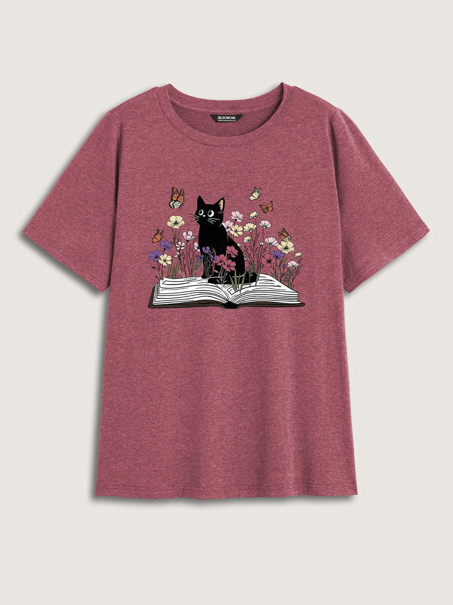 Bookish Cat Printed Round Neck T-Shirt