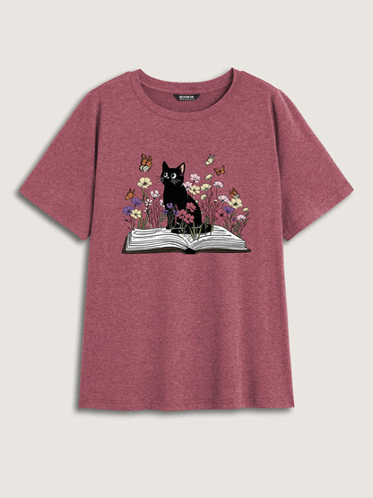 Bookish Cat Printed Round Neck T-Shirt