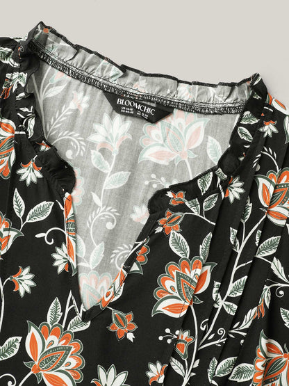Floral Toothpick Pleats Flowy Blouse