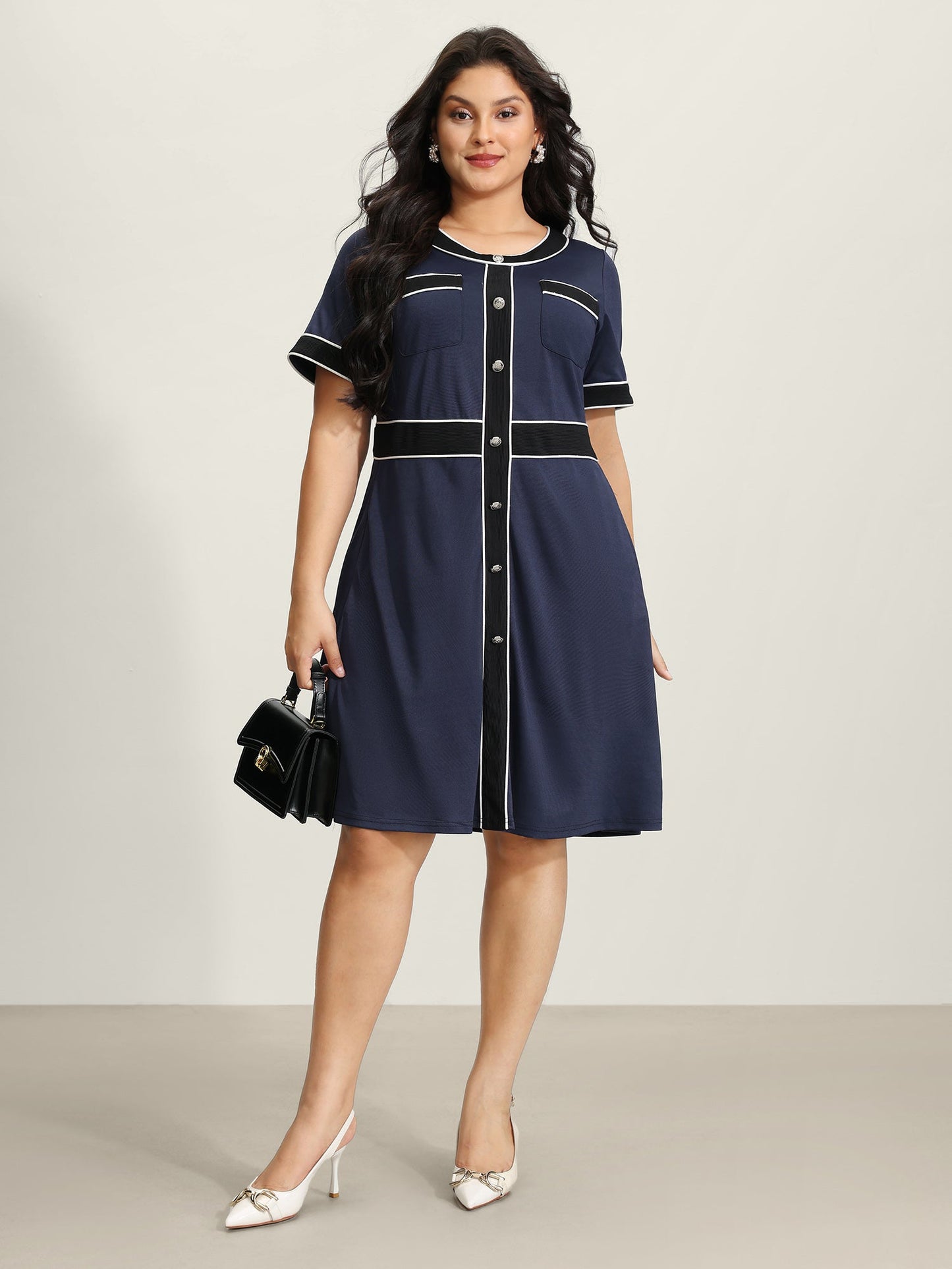 Textured Color Contrast Stretchy Midi Dress