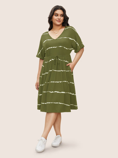 Tie Dye Roll Dolman Sleeve Pocket Gathered Knot Striped Dress