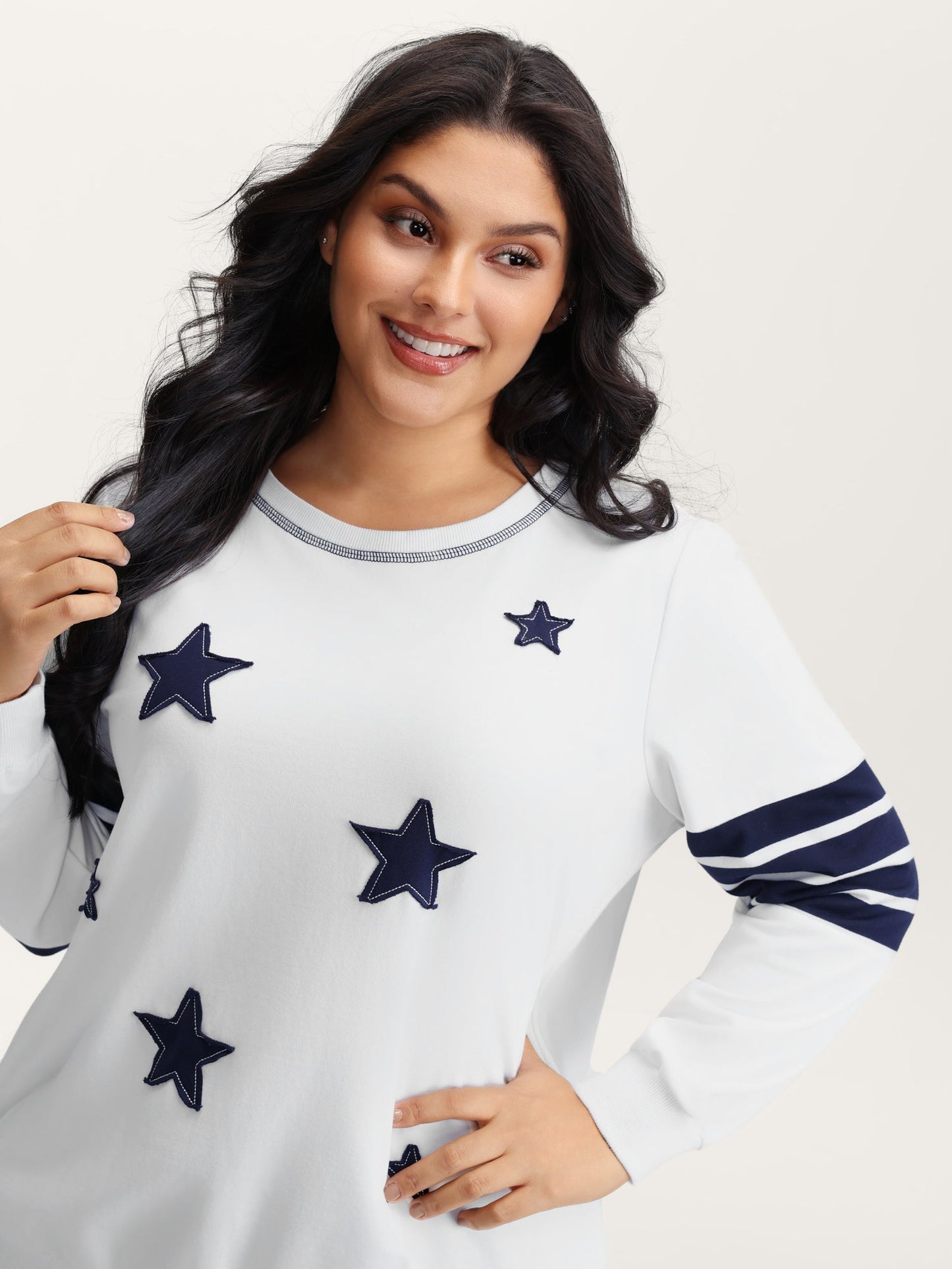 Star-Stripes Applique Stretchy Hem Sweatshirt