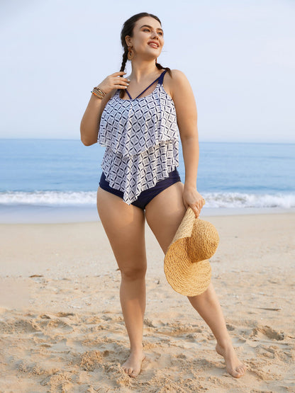 Geometric Tiered Ruffles One Piece Swimsuit