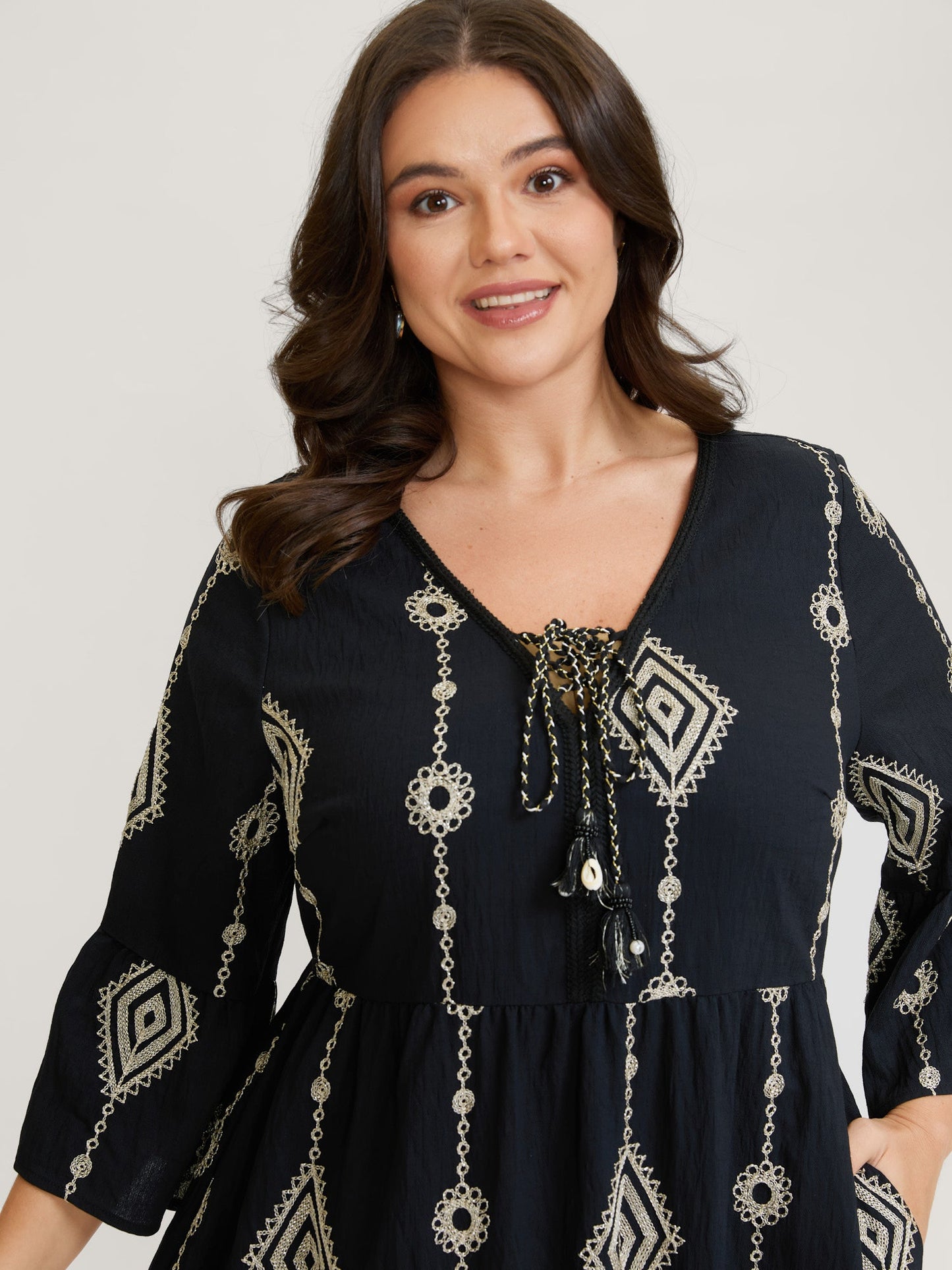 Gold Thread Embroidery Flared Sleeve Midi Dress