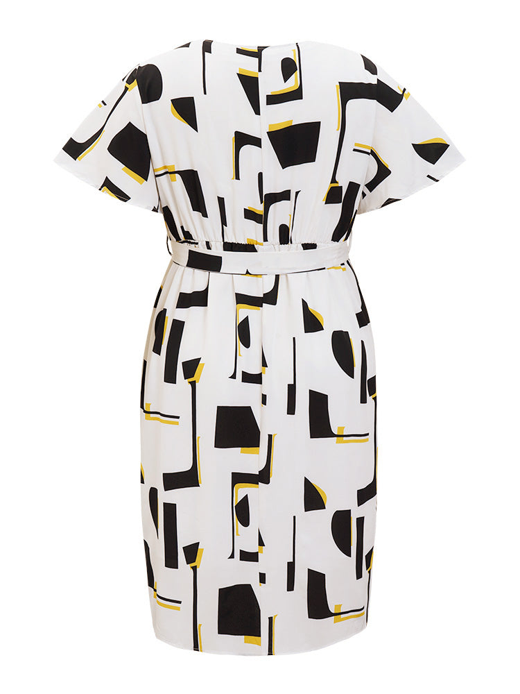 Geometric Print Pocket Belt Flutter Sleeve Dress