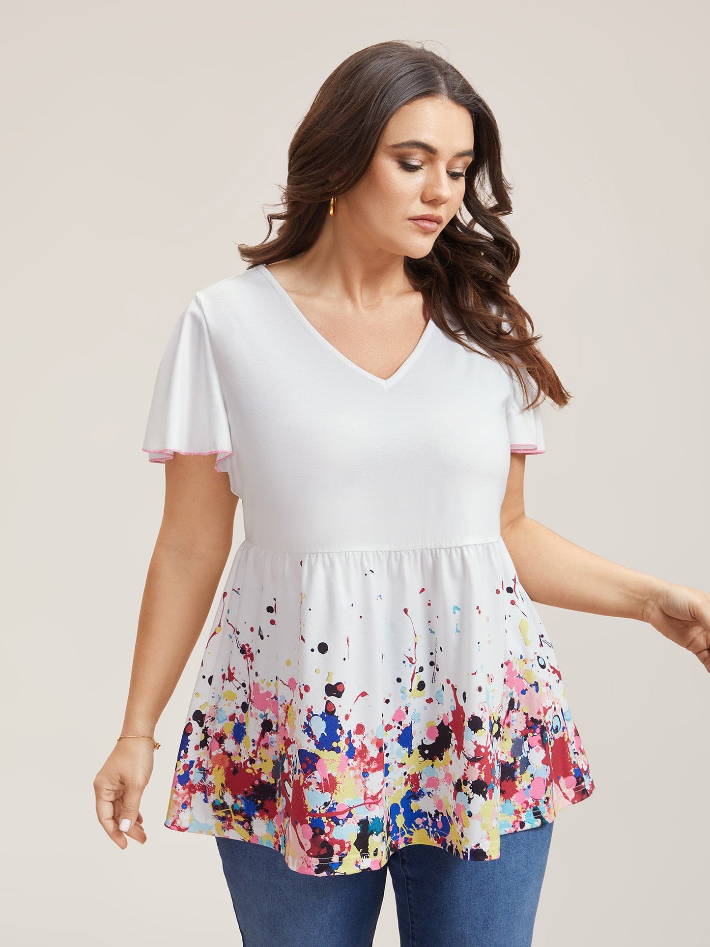 Color Splash Stretchy Flutter Sleeve Plain Top