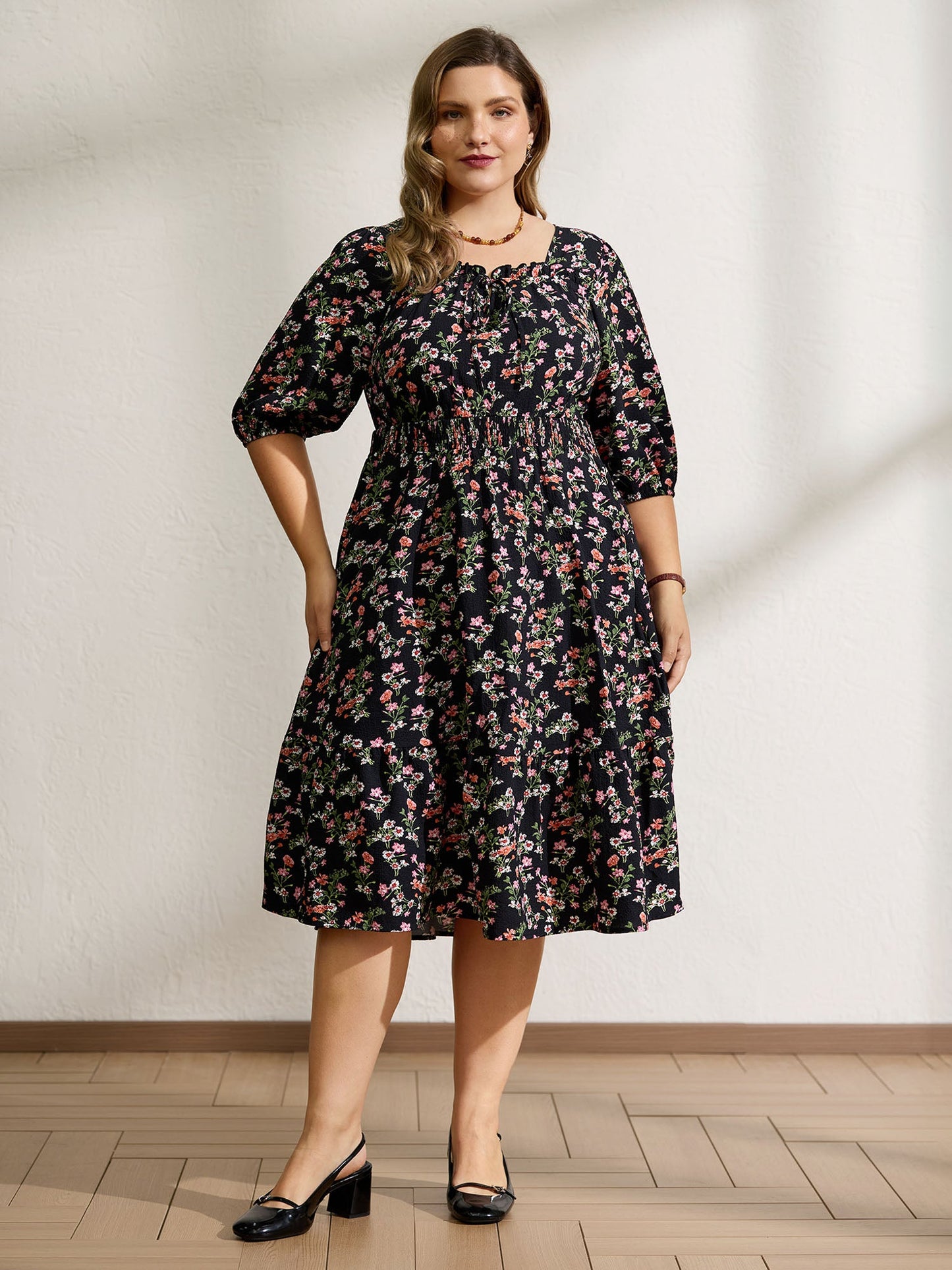 Floral Shirred Waist Neck-Tie Midi Dress