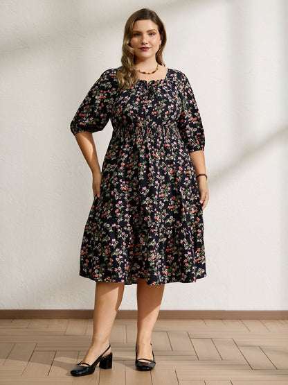 Floral Shirred Waist Neck-Tie Midi Dress
