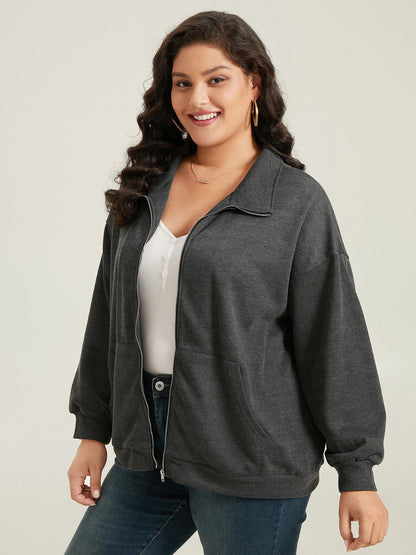 Lapel Collar Zip-Front Pockets Jacket