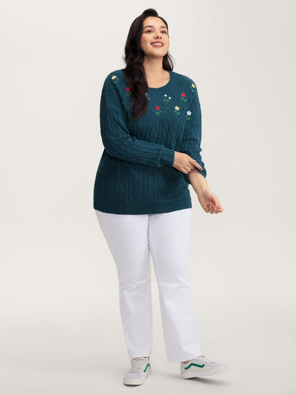 Floral Embroidered Cable Knit Pullover